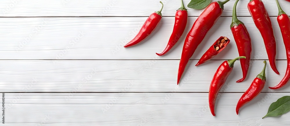 Aufkleber red hot chilies on a white wooden tabletop background. with copy space image. Place for adding text or design