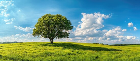 A solitary green tree in a rural landscape beneath a blue sky with clouds. with copy space image. Place for adding text or design