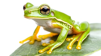 Obraz premium Vibrant Green Tree Frog Perched on a Leaf in Isolated Studio Shot