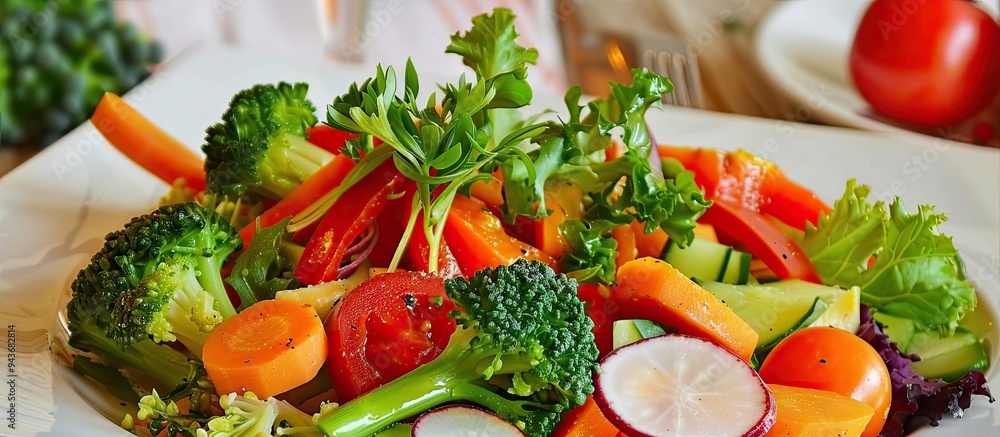 Poster tasty dish featuring vegetables on a plate at a restaurant. with copy space image. place for adding 