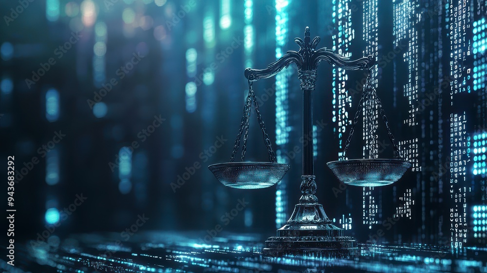 Poster the digital scales of justice against the backdrop of data and code symbolize the rule of law in the