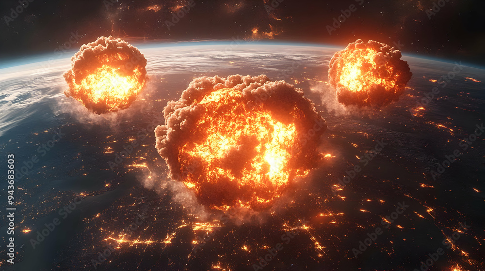 Poster a large fiery explosion in space with an earth in the background.