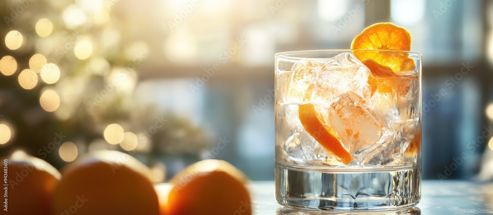 Leinwandbilder close up of a cocktail glass filled with ice and tangerines set against a blurred interior backgroun