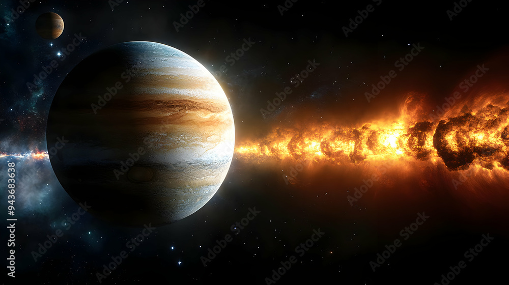 Poster a large gas giant planet in space with a fiery stream of gas behind it.