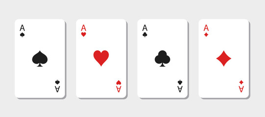 Four aces with different card suits. Hearts, crosses, spades and diamonds. Vector illustration.