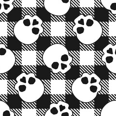 White skulls on black gingham background. Vector seamless pattern. Best for textile, print, wrapping paper, package and Halloween decoration.