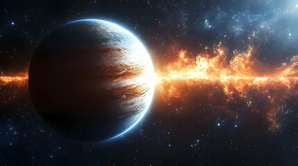 Obraz premium A large gas giant planet in the cosmos with a bright streak of fire.
