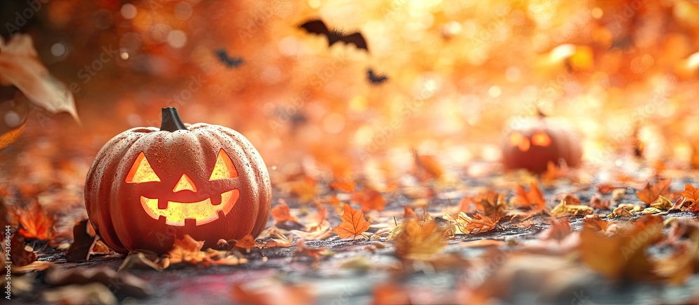 Poster Noise concept for the traditional autumn holiday Halloween Selective focus Shallow depth of field. with copy space image. Place for adding text or design