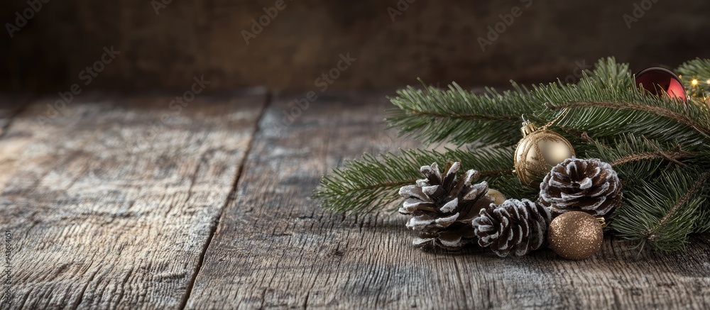 Poster Christmas decorations on a rustic wooden surface. with copy space image. Place for adding text or design