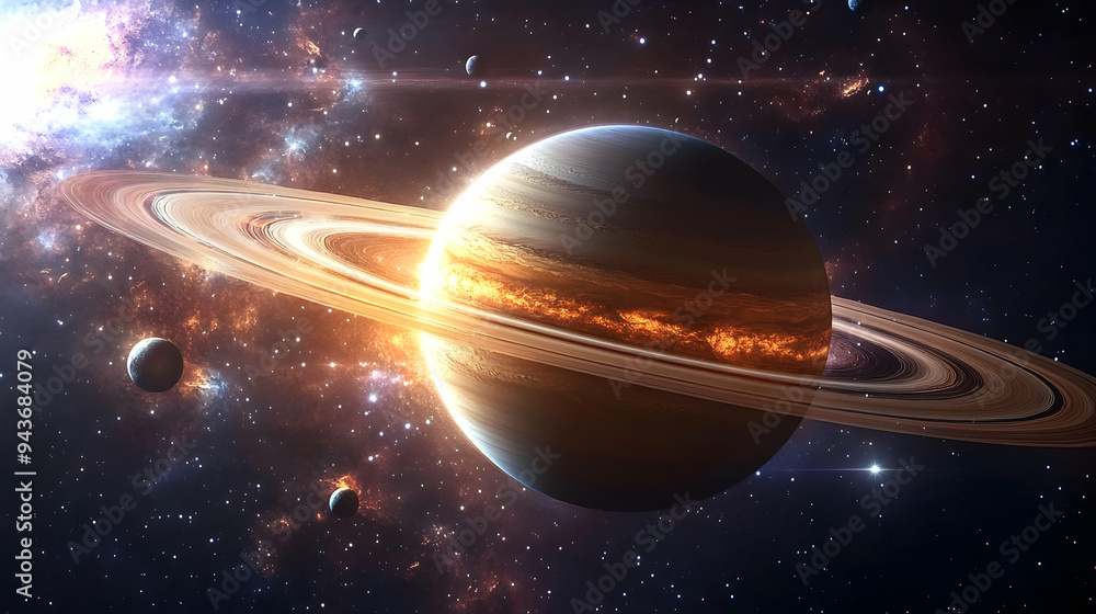 Poster a large gas giant planet with a ring system in space.