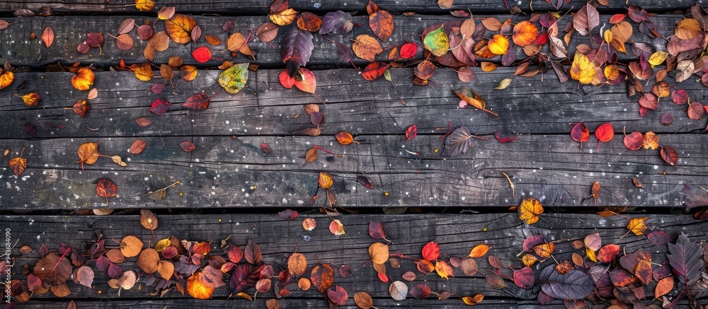 Aufkleber fallen autumn foliage and leaves on weathered wood. with copy space image. Place for adding text or design