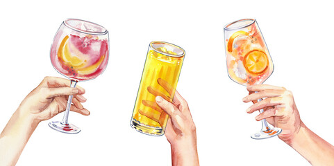 Set of watercolor hands holding summer aperitif cocktails glass simple sketch illustration on white background. DIY elements for bar menu, social media, collages and posters