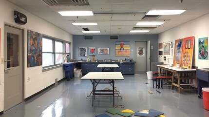 The art room in the school building is a space where students can express their creativity and explore different mediums