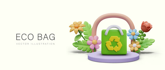 Advertising of eco bags. Green bag with recycling sign is standing on round podium