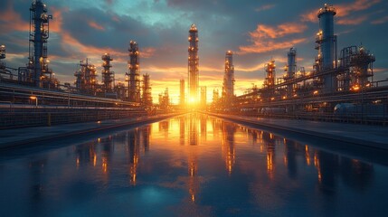 Fototapeta premium The sun sets behind an industrial complex, illuminating carbon capture structures and reflecting in nearby water.