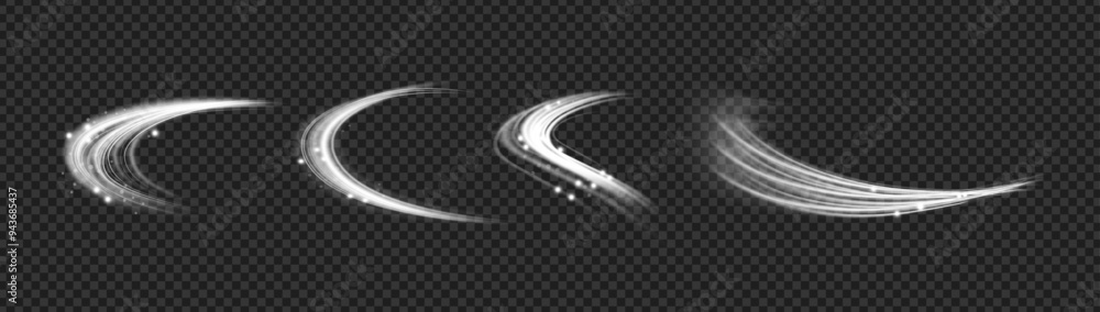 Aufkleber White glowing shiny lines effect. Vector isolated realistic set of wind blowing speed with particles. Storm or energy motion, vibrant sparkling with illumination. Circulation of air, vortex or tornado