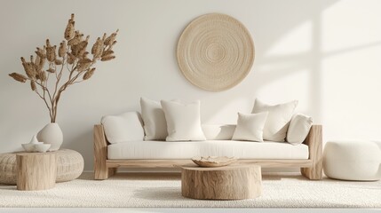 Eco-Friendly Minimalist Living Room with Recycled Furniture and Organic Textiles in Earth Tones, Lit with Warm Lighting - 32K Ultra Detail, Generative Ai