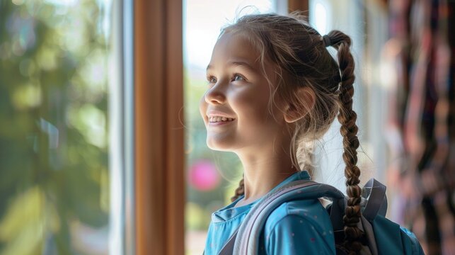 A young girl with her hair in pigtails is smiling at the camera
