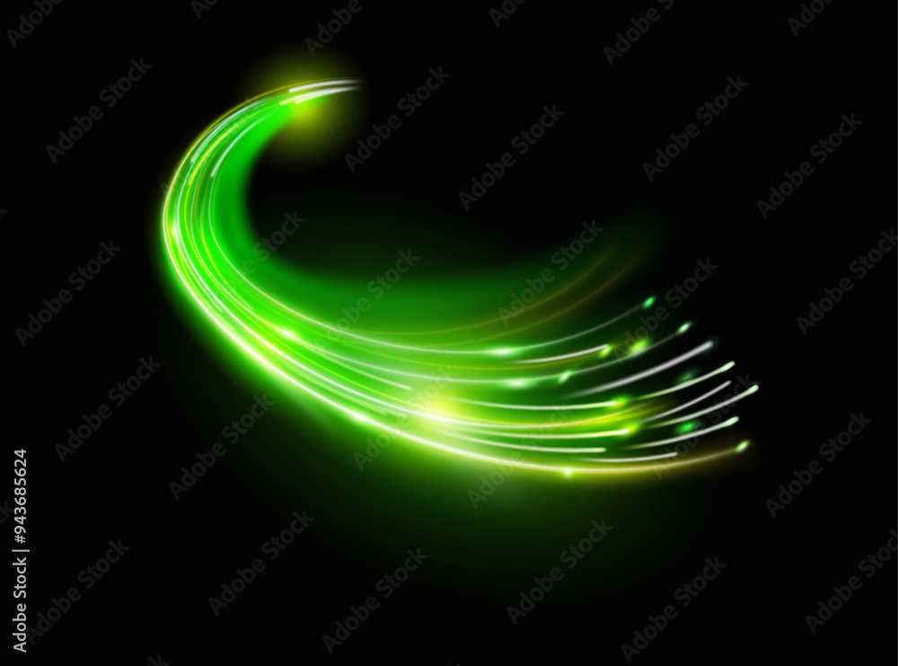 Aufkleber Neon light effect with particles. Vector isolated realistic wave with green brightness. Motion or speed, movement or futuristic development. Fantasy or magic, banner decoration of hi tech products