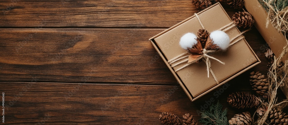 Poster Open gift box on a wooden surface Box containing cones and cotton. with copy space image. Place for adding text or design