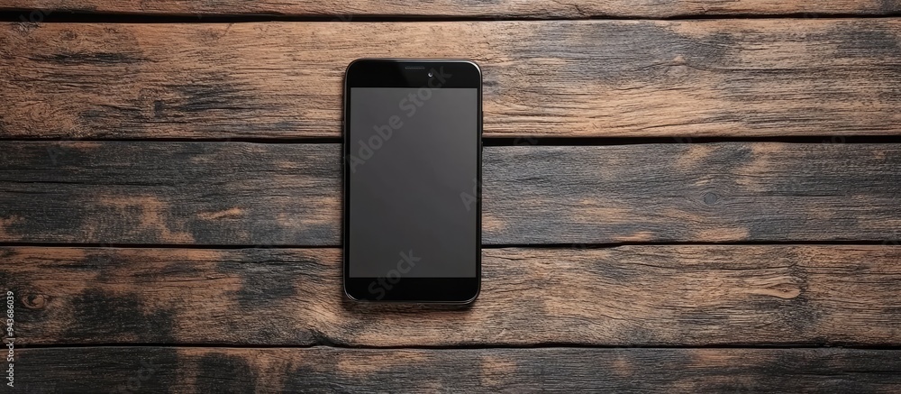 Poster Mobile phone with a blank screen placed on a wooden table background Smartphone on an old wooden plank with a vintage texture backdrop top view copy space