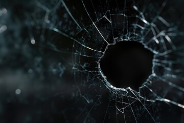 Abstract black background with broken glass texture and bullet holes.