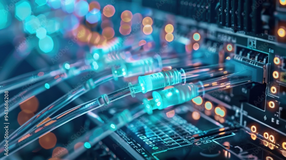 Poster abstract view of fiber optics and network cables in a high-tech engineering environment, symbolizing