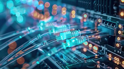 Fototapeta premium Abstract view of fiber optics and network cables in a high-tech engineering environment, symbolizing data transmission