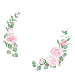 Light pink rose and eucalyptus. Watercolor botanical illustration. Hand drawn clipart, cut out and isolated. Realistic flower round frame for banner template with copy space for text in wedding prints