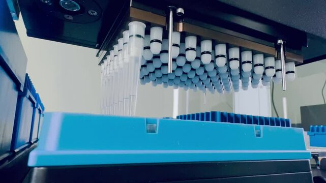 laboratory automated liquid handling system, robotic arm with multiple pipette tips above a tray of microtiter plates. technology in scientific research and testing. modern laboratory automation.