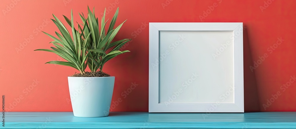 Poster a white photo frame and a ceramic pot containing a growing plant are placed on a blue wooden table f