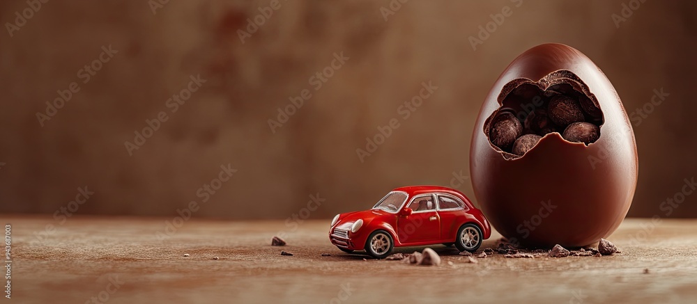 Poster A chocolate egg with a toy car. with copy space image. Place for adding text or design