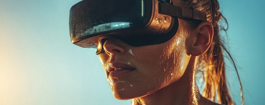 Close-up of a female athlete wearing VR goggles during an intense workout under the sun, showcasing modern technology in fitness