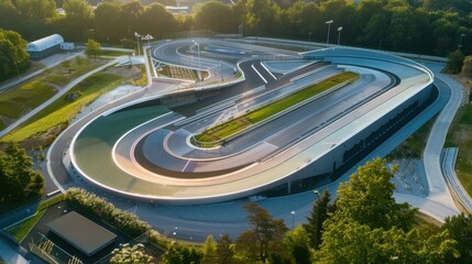 Aerial view of a cycling velodrome with a pristine, empty track curving around the arena