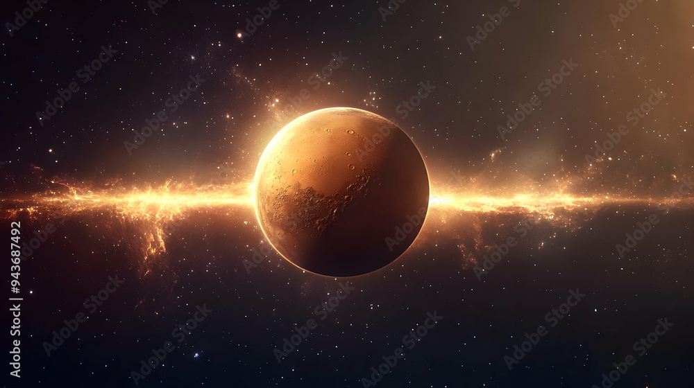 Poster a large planet with a red surface and craters is surrounded by glowing space dust.