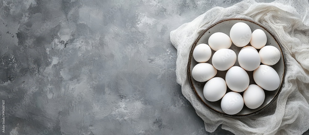 Fototapete fresh white eggs on a gray background top view a rural still life featuring natural organic healthy 