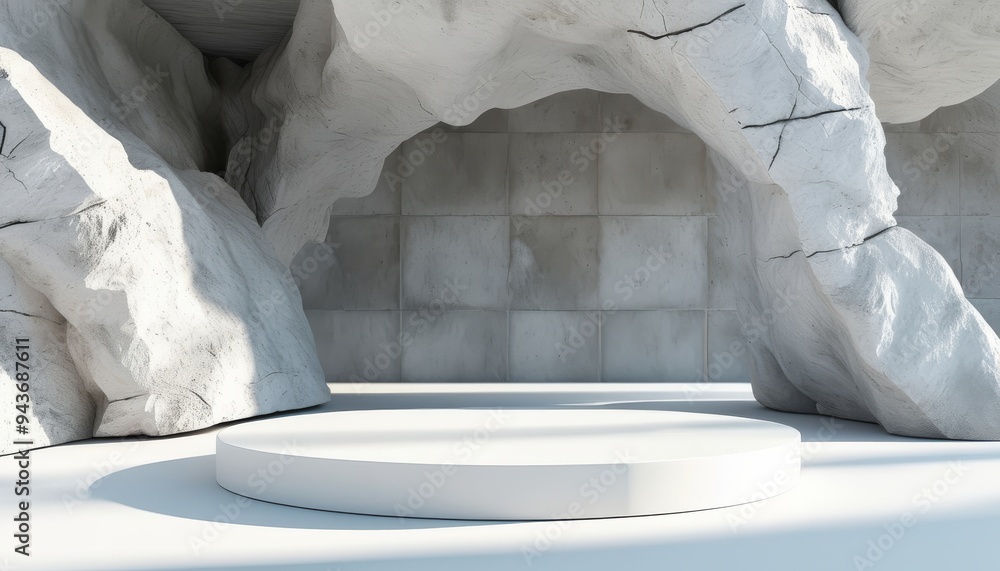 Poster a spacious exhibition area features a sleek white circular platform surrounded by textured rock form