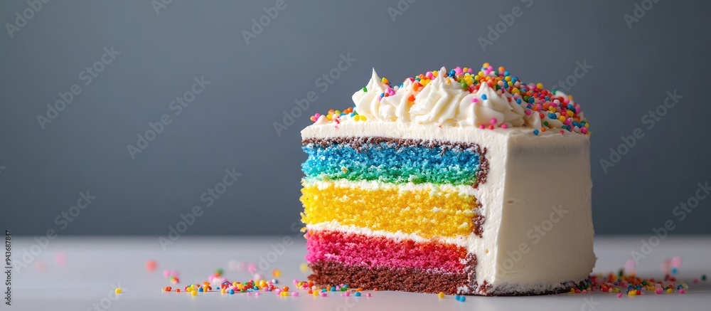 Poster A blank cake with vibrant rainbow cream on a white background adorned with colorful sprinkles and drizzled with chocolate Simple minimalism. with copy space image. Place for adding text or design