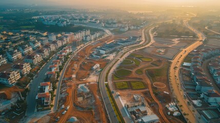 Fototapeta premium Aerial view of a new urban development with roads, utilities, and building sites prepared for construction