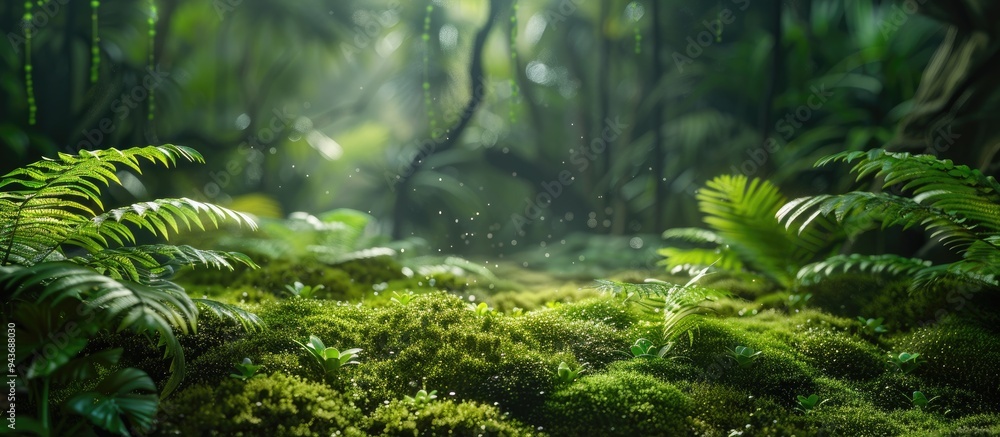 Aufkleber Green moss and backdrop Setting for showcasing products Dark forest backdrop. with copy space image. Place for adding text or design