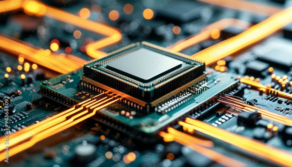 Aufkleber a close-up view reveals a complex microchip at the center of glowing circuits, showcasing the intric