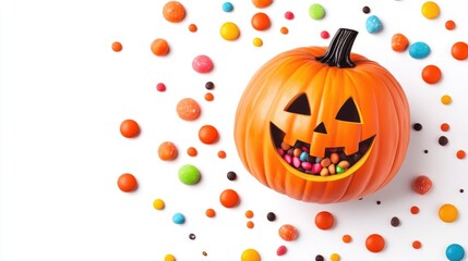 Fototapeta premium Halloween pumpkin cheerful ghost candy holder, flat design, top view, colorful candies, isolated on white background