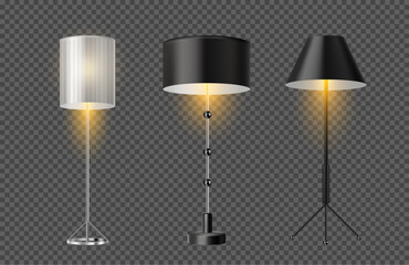 Simple minimalist floor lamps for home interior design. Vector isolated set of realistic decorative accessory with lampshade for setting warm atmosphere at house. Bedroom or living room style
