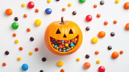 Halloween pumpkin cheerful ghost candy holder, flat design, top view, colorful candies, isolated on white background