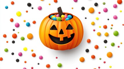 Fototapeta premium Halloween pumpkin cheerful ghost candy holder, flat design, top view, colorful candies, isolated on white background