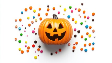 Halloween pumpkin cheerful ghost candy holder, flat design, top view, colorful candies, isolated on white background