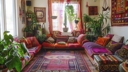 living room is filled with vibrant textiles, eclectic decor, and an abundance of houseplants, creating a cozy and inviting space