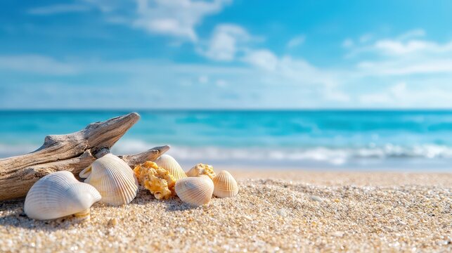 A sandy beach adorned with driftwood and seashells highlights the abiotic relationships between ocean currents and coastal ecosystems.