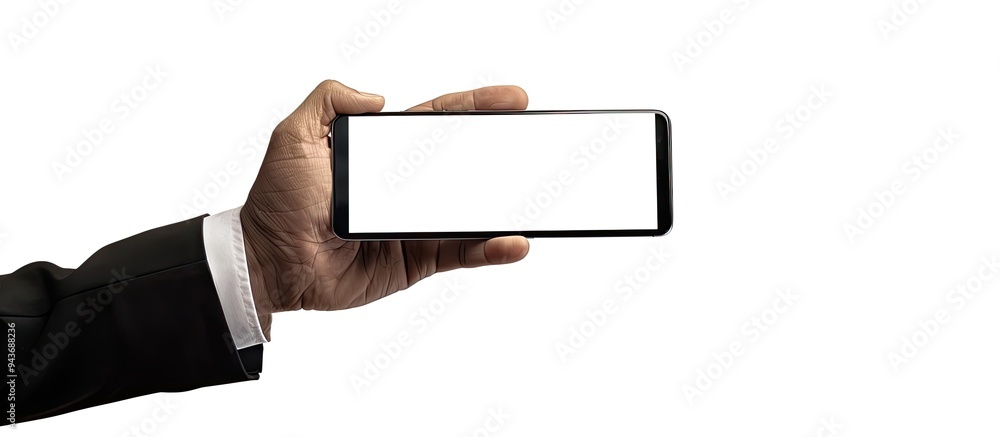 Poster Businessman s hand holding a smartphone with a blank white screen isolated on a white background Businessman s hand using a smartphone with an empty screen on a white background with a clipping path
