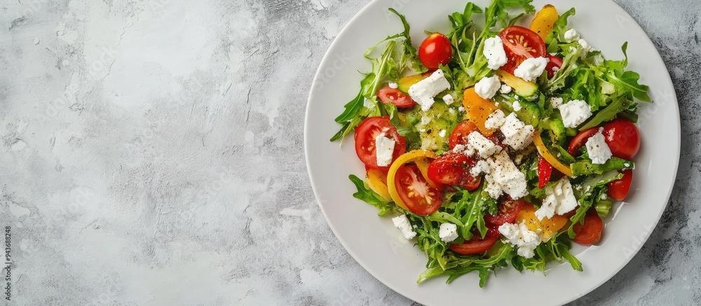 Poster a fresh vegetable salad with feta cheese on a white plate set against a light slate stone or concret